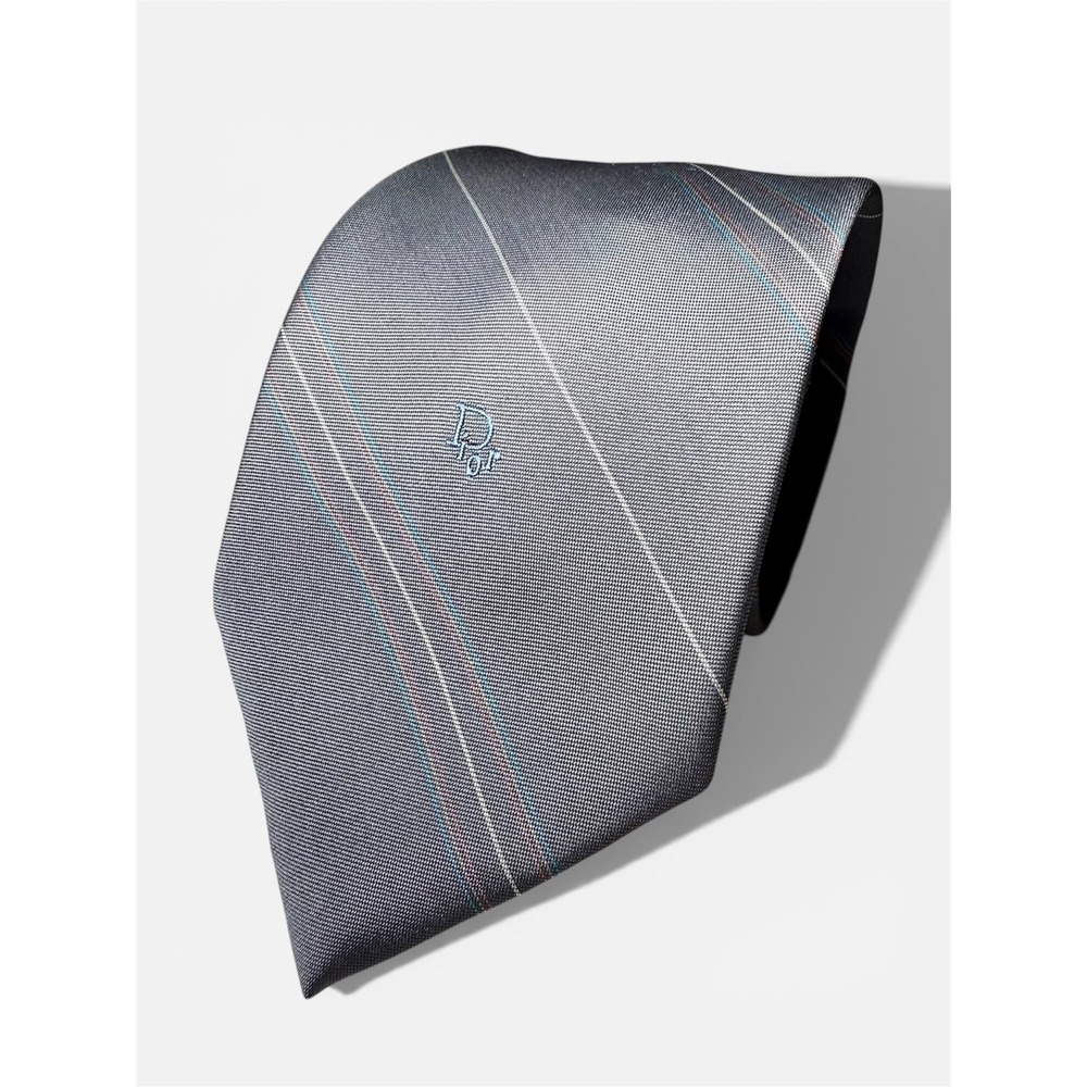 Christian Dior Necktie Mens One Sz Grey‎ Blue Striped Excellent Silk Blend Italy